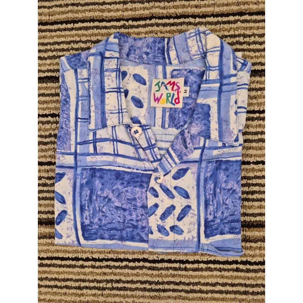Jams World Mens Sz M Vintage‎ Blue White Geometric Print Short Sleeve Shirt VTG